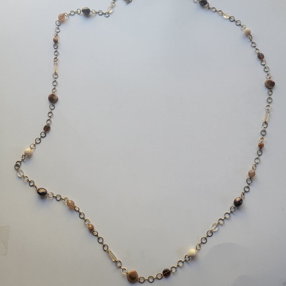 Vintage Multi Strand Gold Tone Chain Necklace Peach Brown Beads, 44inch